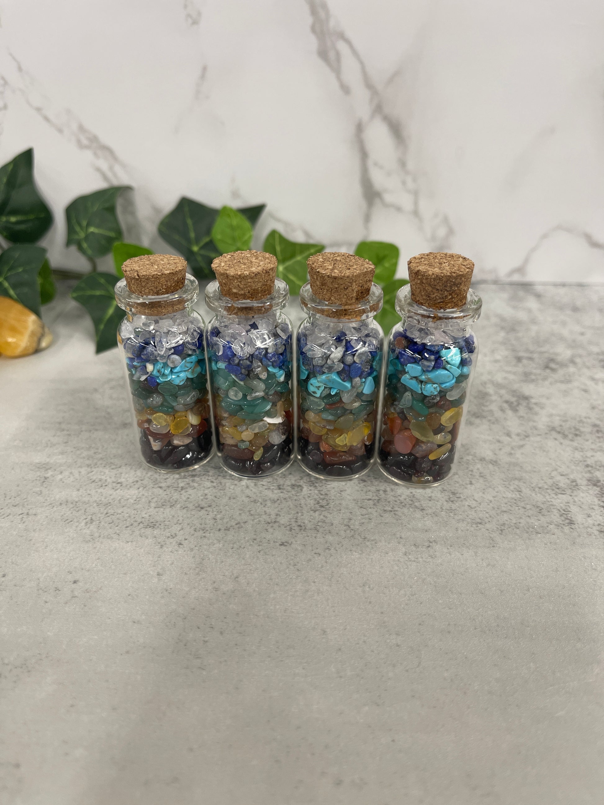 Mini glass wishing bottles, chakra tumbled gemstone Heavenly Healing