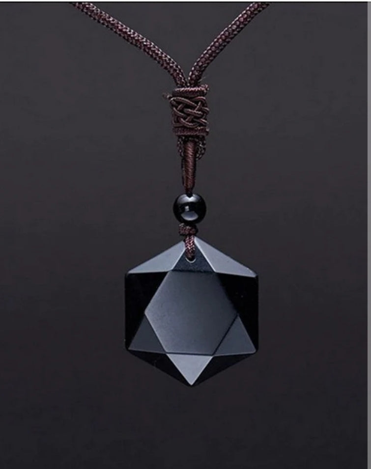 Hexagon Black Obsidian Pendant/ Necklace Heavenly Healing