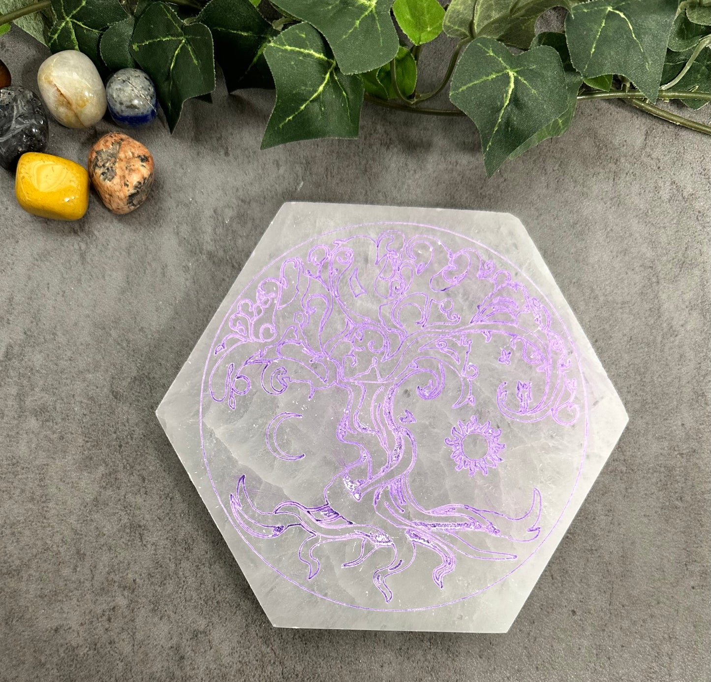 Selenite Hexagon Tree of Life Charging Plate ( Purple) Heavenly Healing