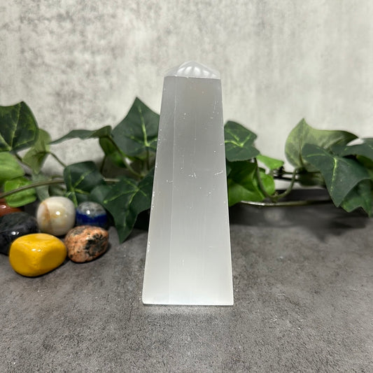 Selenite Four Sided Tower with Point Heavenly Healing